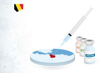 Vaccination in Belgium with different type of COVID-19 vaccine. Сoncept with the vaccine injection in the map of Belgium.