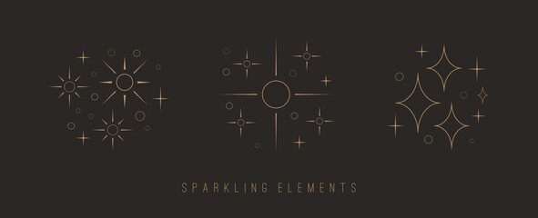 Outline twinkle Stars. Golden Sparkles. Various shapes. Minimalistic Icons. Elegant thin line simple geometric design. Party, celebration concept. Trendy Vector set. All elements are isolated