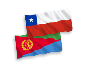 Fototapeta na wymiar National vector fabric wave flags of Eritrea and Chile isolated on white background. 1 to 2 proportion.