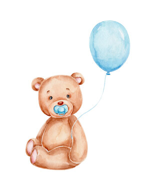 Cute cartoon teddy bear and blue balloon; watercolor hand drawn illustration; with white isolated background