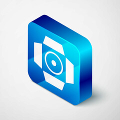 Isometric Movie spotlight icon isolated on grey background. Light Effect. Scene, Studio, Show. Blue square button. Vector