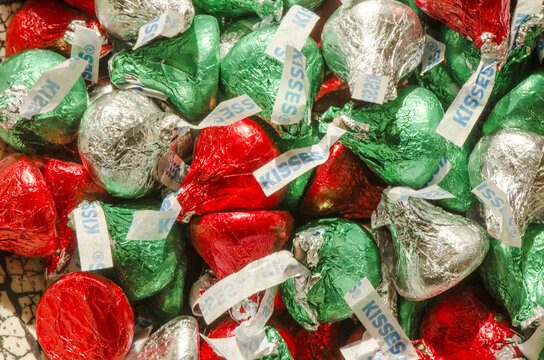 MALAG, SPAIN - Dec 17, 2015: Closeup Of American Hershey's Kisses, Milk Chocolate Candy In Christmas Packaging