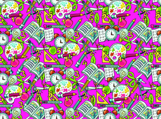 Vector seamless pattern with hand drawn school and learning accessories. Scissors, paper, compasses, fruits, numbers, rulers, pencils, paints. Creative and hobby supplies sale background