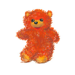 sitting fluffy red teddy bear, toy, oil pastel and gouache drawing 