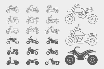 Motorbike Icons set - Vector outline symbols and silhouettes of motorcycle, bike, chopper, scooter and other transportation for the site or interface