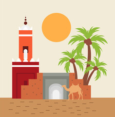 Marrakech cityscape, city in Morocco, flat vector illustration