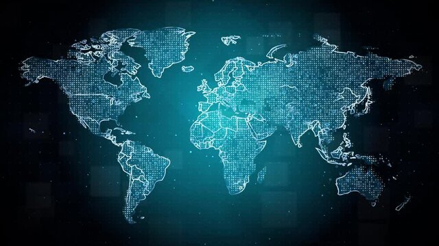 4K Abstract mash line and point Map World dark Loop background. 3D Wire Frame mesh polygonal network line dot. Global network connection. World map point and line concept of global business.