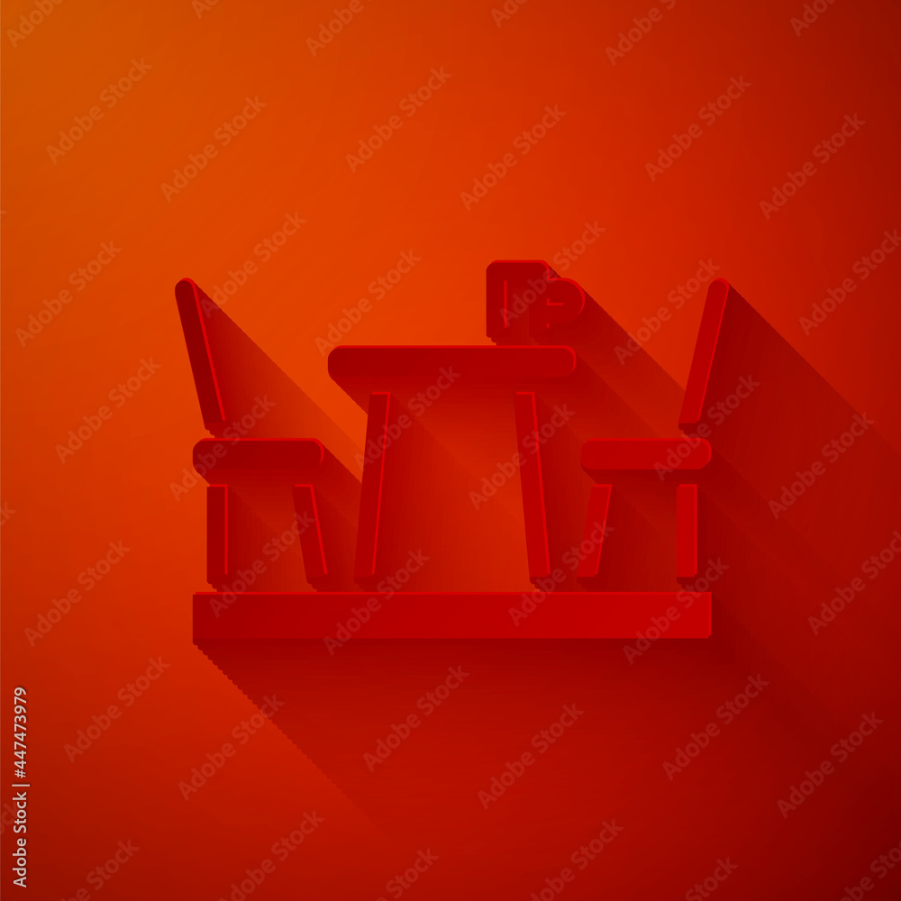 Sticker Paper cut French cafe icon isolated on red background. Street cafe. Table and chairs. Paper art style. Vector