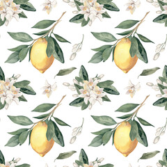 Watercolor seamless pattern with lemons, citrus flowers and leaves.