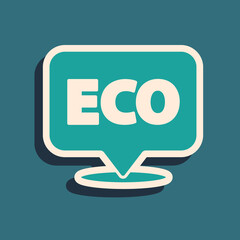 Green Banner, label, tag, logo for eco green healthy food icon isolated on green background. Organic product. Healthy food sticker. Long shadow style. Vector