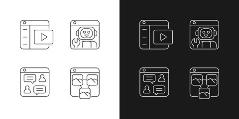 Digitization in business linear icons set for dark and light mode. Video platforms. Online discussions. Customizable thin line symbols. Isolated vector outline illustrations. Editable stroke