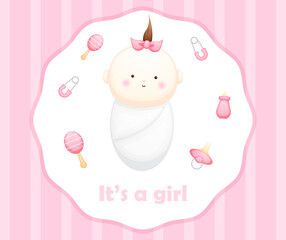Cute baby girl card cartoon character. Baby element illustration Premium Vector