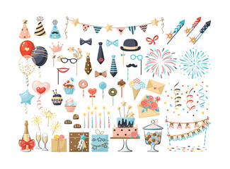 Set of birthday party decoration. Festive kit happy anniversary day rocket fireworks, balloons, gifts, flags, candles, gifts, champagne, carnival masks, sweet cake