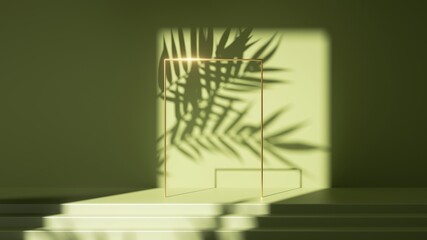 3d render, abstract green background with steps, leaf shadows and bright sunlight. Minimal scene with golden square frame, showcase for product presentation