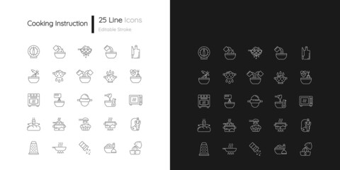 Cooking instruction linear icons set for dark and light mode. Frying pan. Kitchen timer. Food preparation. Customizable thin line symbols. Isolated vector outline illustrations. Editable stroke