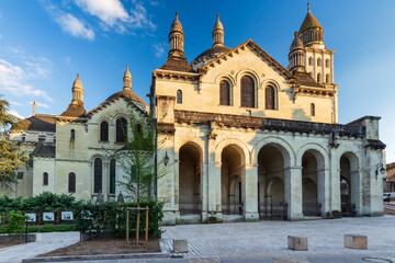 Sunset on the Northern porch of the roman byzantine Saint Front cathedral from the Avenue Daumesnil in Perigueux, Dordogne Department, Nouvelle Aquitaine region. France.