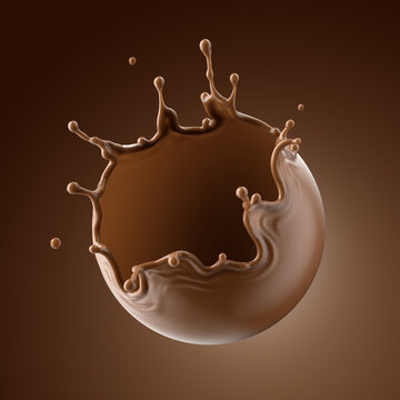3d render, spherical shape liquid chocolate splash, cacao drink or coffee, splashing cooking ingredient. Clip art isolated on brown background
