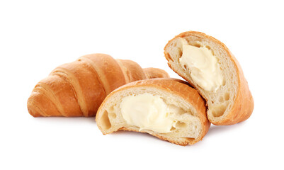 Delicious croissants with cream on white background