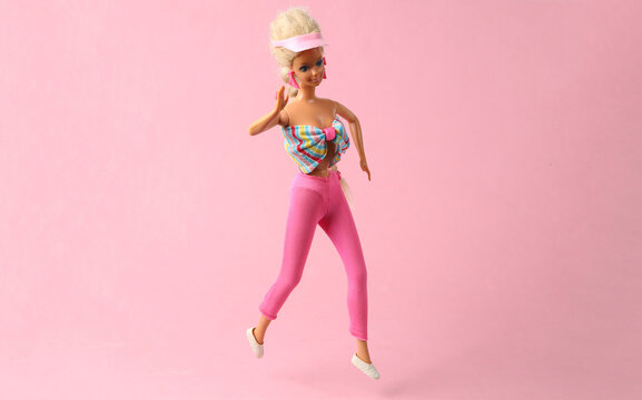 ODESSA, UKRAINE - JUNE 1, 2021: Barbie Doll on a blue-pink pastel background