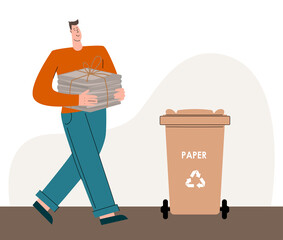 A person who cares about the environment, sorts the garbage and throws waste into the trash can for recycling and reuse. Recycling paper. Zero waste concept.