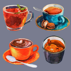 Aquarell-Set aus Teetassen und Tee Aquarellkunst trinken heißen Kaffee Teetasse Sommer Gemütlichkeit Bilder von Tee Bilder von Kaffee mit Tee und Kaffee Zimt Tee Makronen Kekse