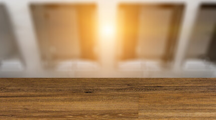 Background with empty wooden table. Flooring. Hotel bathroom peeing toilet. 3D rendering.