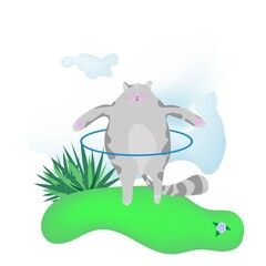 The cat Moon is engaged in fitness in the fresh air, hulahup Workout.
