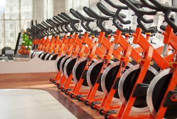 Healthy lifestyle concept. Spinning class with empty bicycles. fitness, sports, training