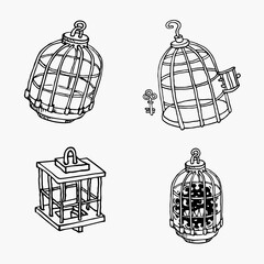 Bird in the cage isolated on white background.