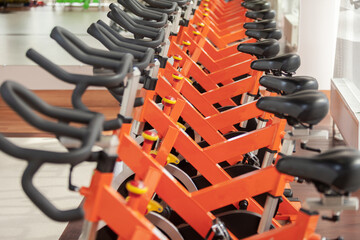 Healthy lifestyle concept. Spinning class with empty bicycles. fitness, sports, training