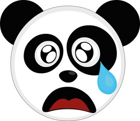 Vector emoticon illustration of a cartoon panda's face with a sad expression, watery eyes and a tear