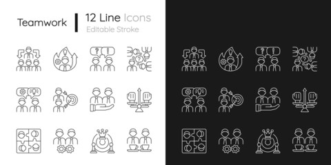 Teamwork related linear icons set for dark and light mode. Common goals and its achievement. Business strategy. Customizable thin line symbols. Isolated vector outline illustrations. Editable stroke