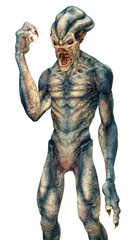 3D Rendering Blue Alien on White