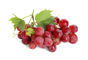 Cluster of ripe red grapes with green leaves on white background
