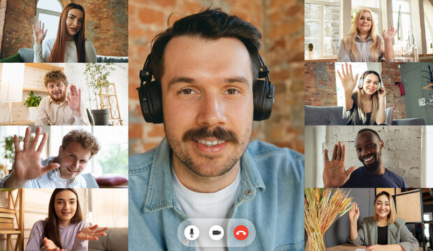 Greetings. Team working by group video call share ideas brainstorming use video conference.