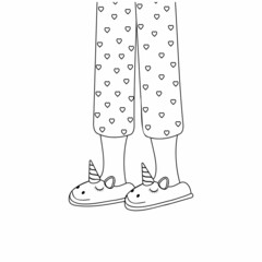Legs of girls in pajamas and slippers, black outline, isolated vector illustration in the flat style