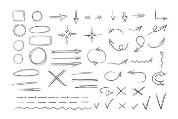 A set of selection elements in a hand-drawn doodle style. Arrows, directions, strokes, ticks, strikethroughs, underlines. Vector illustration isolated on white background