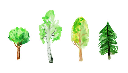 Obraz premium Watercolor hand drawn naive kids drawing of abstract trees in green colors