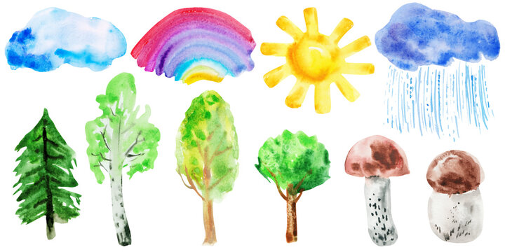 Watercolor hand drawn naive kids drawings with trees, clouds, sun, sky, rainbow