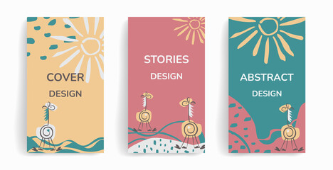 Vector set of cute giraffes, illustration for birthday invitations, cards and stickers social media posts, stories, banners, mobile apps, web, ads, cosmetics, baby cards. Design with space for text © Bereletik Art