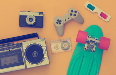 Retro old school attributes 80s on yellow background. Top view. Flat lay