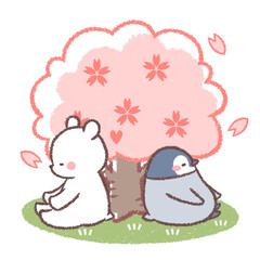 サクラと子供シロクマとペンギンヒナ