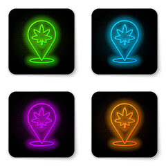 Glowing neon line Map pointer and marijuana or cannabis leaf icon isolated on white background. Hemp symbol. Black square button. Vector Illustration