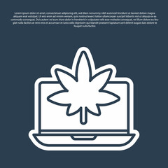 Blue line Laptop and medical marijuana or cannabis leaf icon isolated on blue background. Online buying symbol. Supermarket basket. Vector Illustration