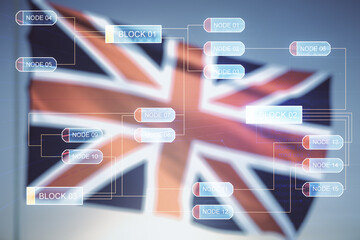Abstract virtual coding concept on flag of Great Britain and sunset sky background. Multiexposure