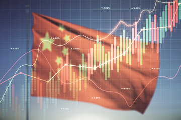 Multi exposure of virtual creative financial chart hologram on Chinese flag and blue sky background, research and analytics concept