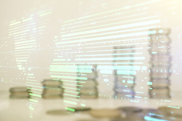 Fototapeta premium Abstract creative world map interface on stacks of coins background, international trading concept. Multiexposure