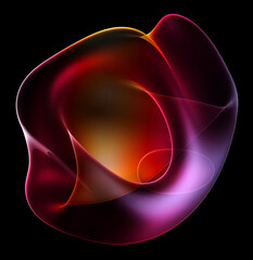 3d render of abstract art with surreal alien flower in curve wavy organic elegance biological lines forms in transparent glowing material in purple orange and purple gradient color on black background