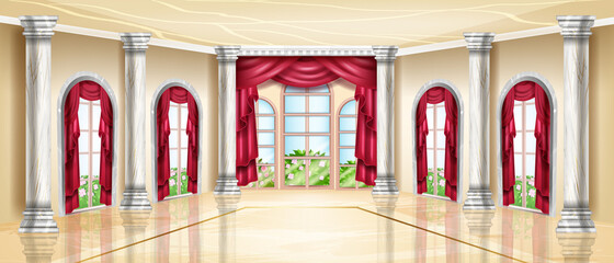 Empty palace interior, luxury vector ballroom, royal wedding banquet hall, arch window, marble floor. Nobility rich castle background, curtain, stone column. Grand restaurant palace interior backdrop © Oleksandra
