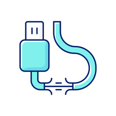 Torn cable RGB color icon. Frayed ribbon wire. Cord connection is broken. Usb cable defect issue. Mobile phone destroyed flex. Isolated vector illustration. Simple filled line drawing